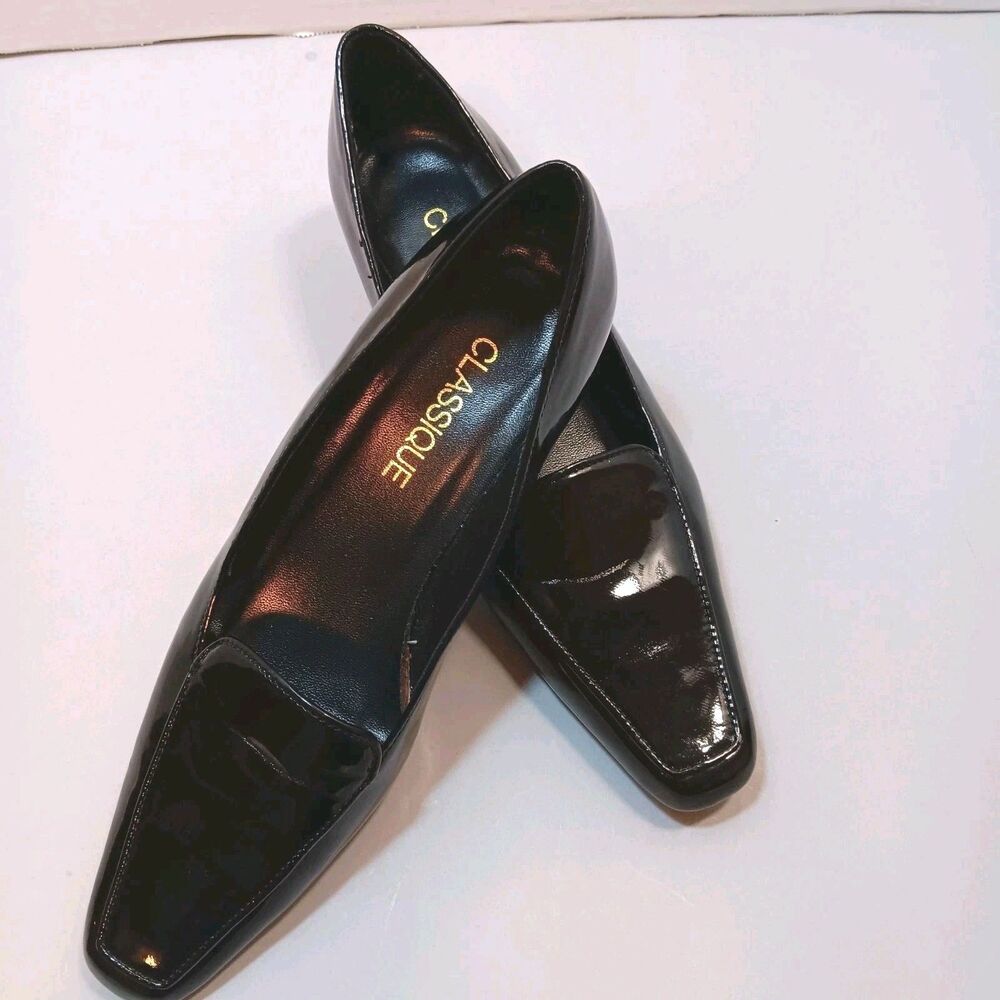Vtg Classique Black Patent Faux Leather Square Toe Block Heel Pumps Size 8.5 Y2K